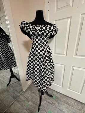 ASOS Black & White Polka Dot Off-Shoulder Midi Dress